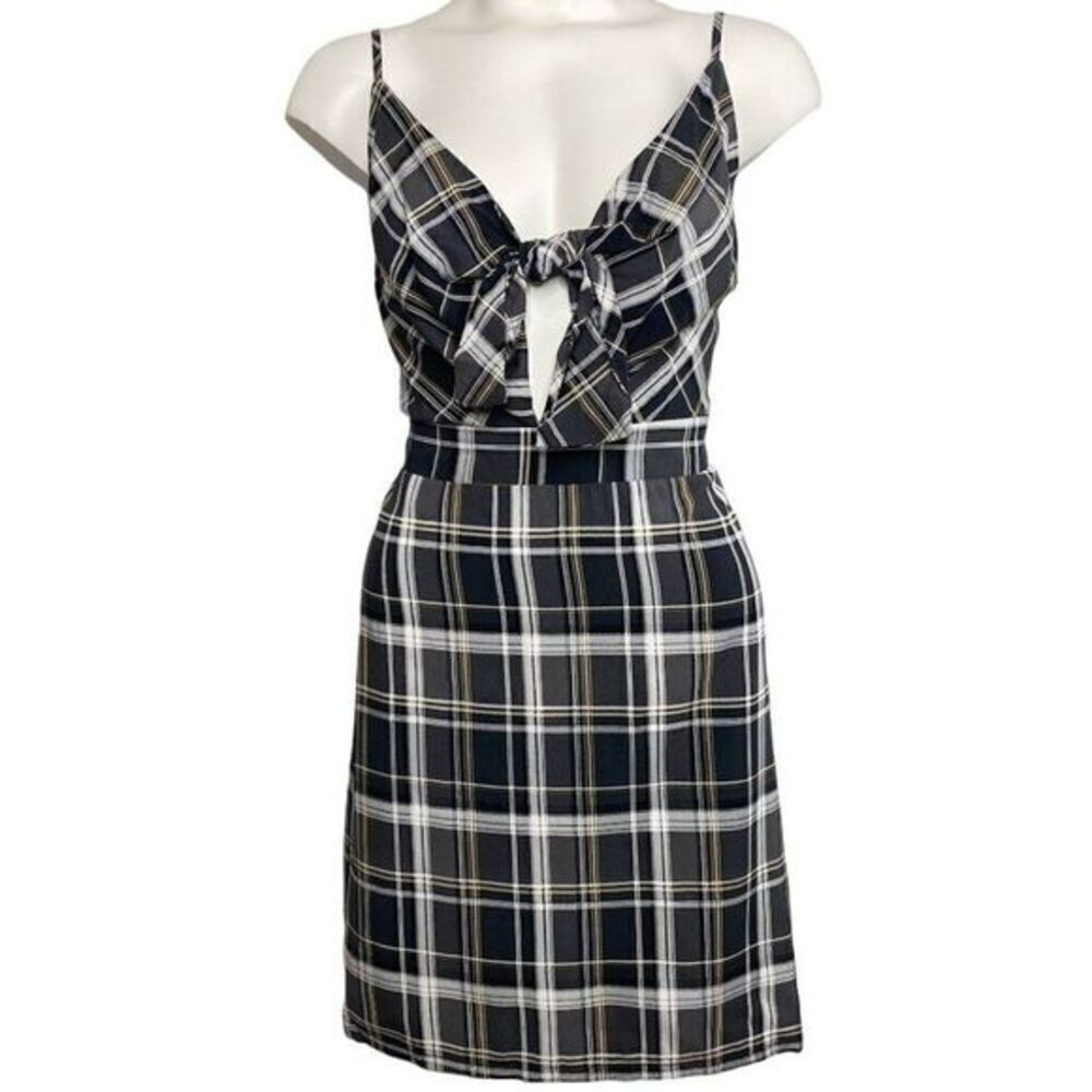 Project 28 Mini Dress Women's MEDIUM Gray White Black Plaid Adjustable Zip NEW